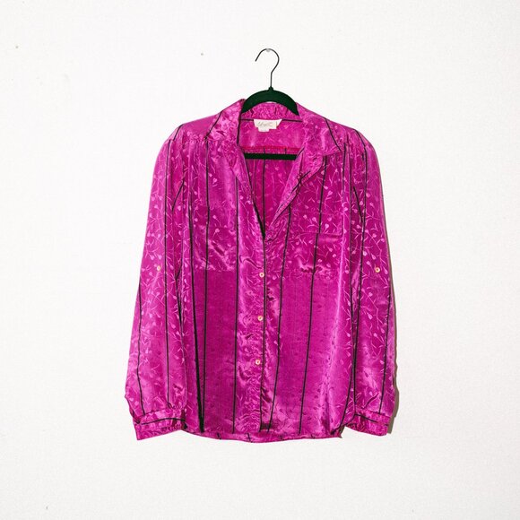 Vintage Fuchsia Gel Esprit Blouse with Black Stripes & Shimmery Floral Pattern - Picture 1 of 8